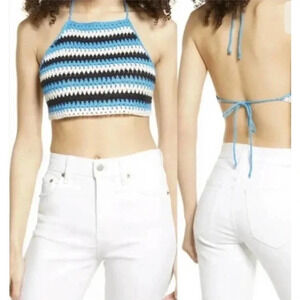 BP Women's Halter Top Crochet in Blue Black Ziggy Stripe XS NWT
